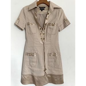 bebe Beige Lace-Up Mini Dress with Satin Trim